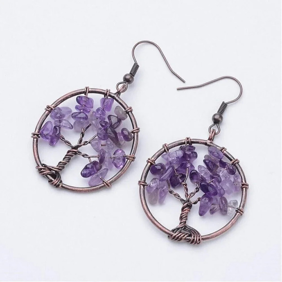 Rustic Antique Copper Amethyst Tree of Life Gemstone Beads Dangle Earrings - Picture 1 of 1